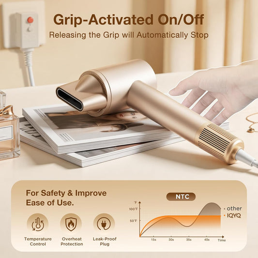 High-Speed Hair Dryer, 110000 RPM 1400W, Grip-Sensor On/Off for Fast Drying, 200M Ionic Negative for Frizz Reduce, Low Noise Thermo-Control Blow Dryer with Diffuser for Curly Hair Women Travel