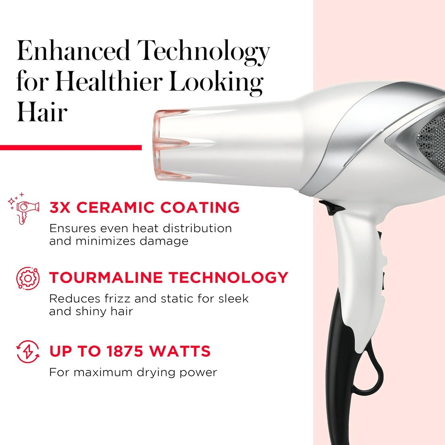 REVLON Infrared Ionic Hair Dryer with Diffuser & Concentrator, 2 Speed Settings, Blow Dryer with Tourmaline Technology for Frizz Control, 1875 Watt Power for Fast Drying, Suitable for All Hair Types