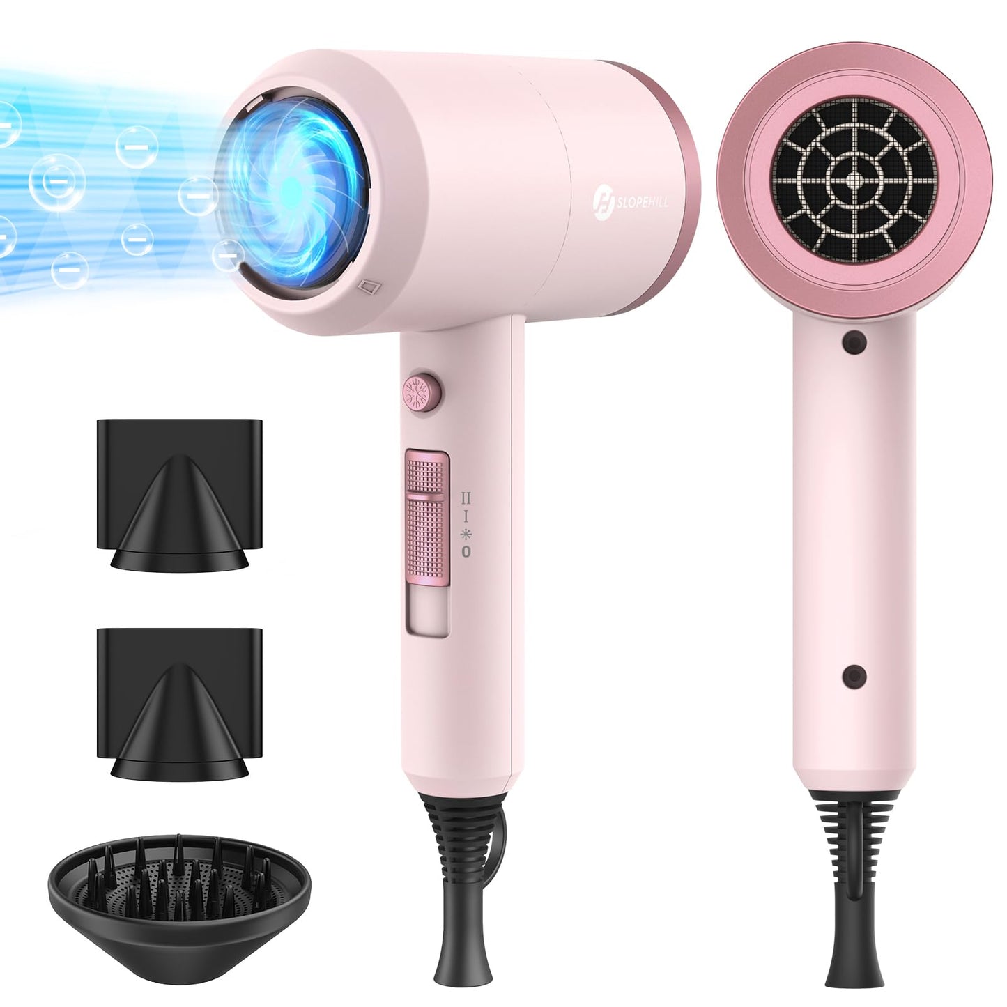 slopehill Professional Ionic Hair Dryer, Powerful 1800W Fast Drying Low Noise Blow Dryer with 2 Concentrator Nozzle 1 Diffuser Attachments for Home Salon Travel (Black)