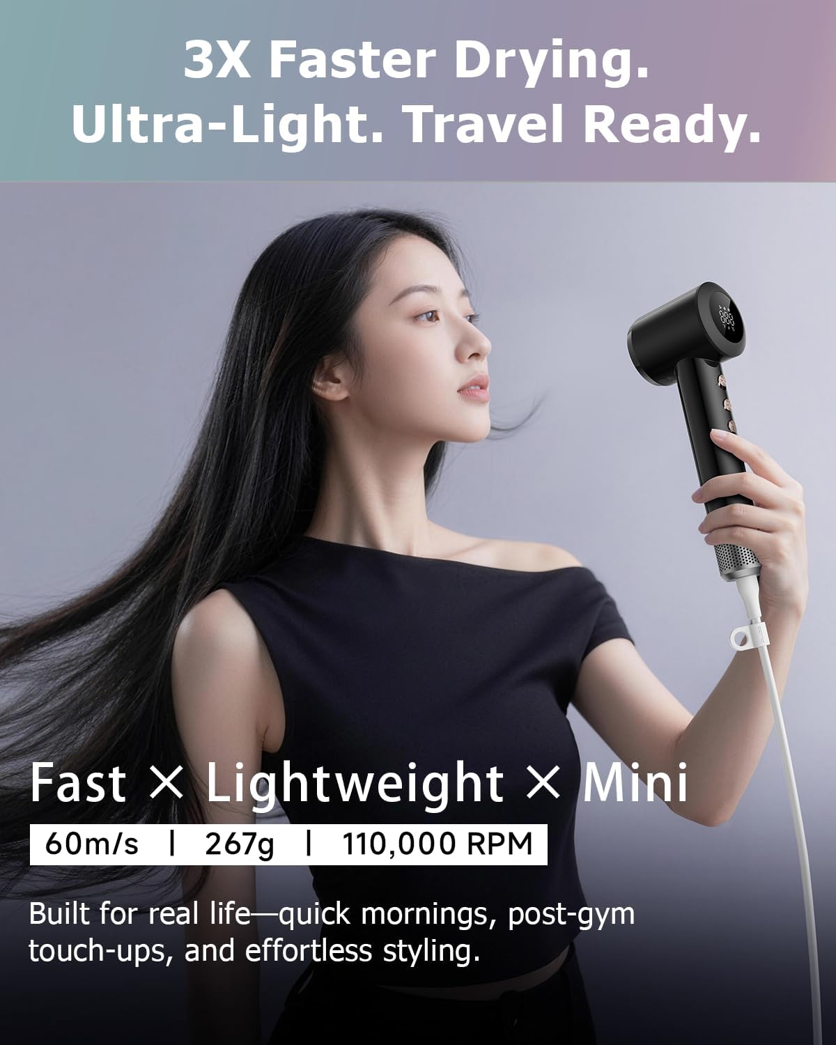 Mini Hair Dryer, Ultra Lightweight 267g Compact Travel Hair Dryer, Ionic Blow Dryer with 500M Negative Ions & NTC Heat Control, 110,000 RPM Brushless Motor High Speed Hair Dryers