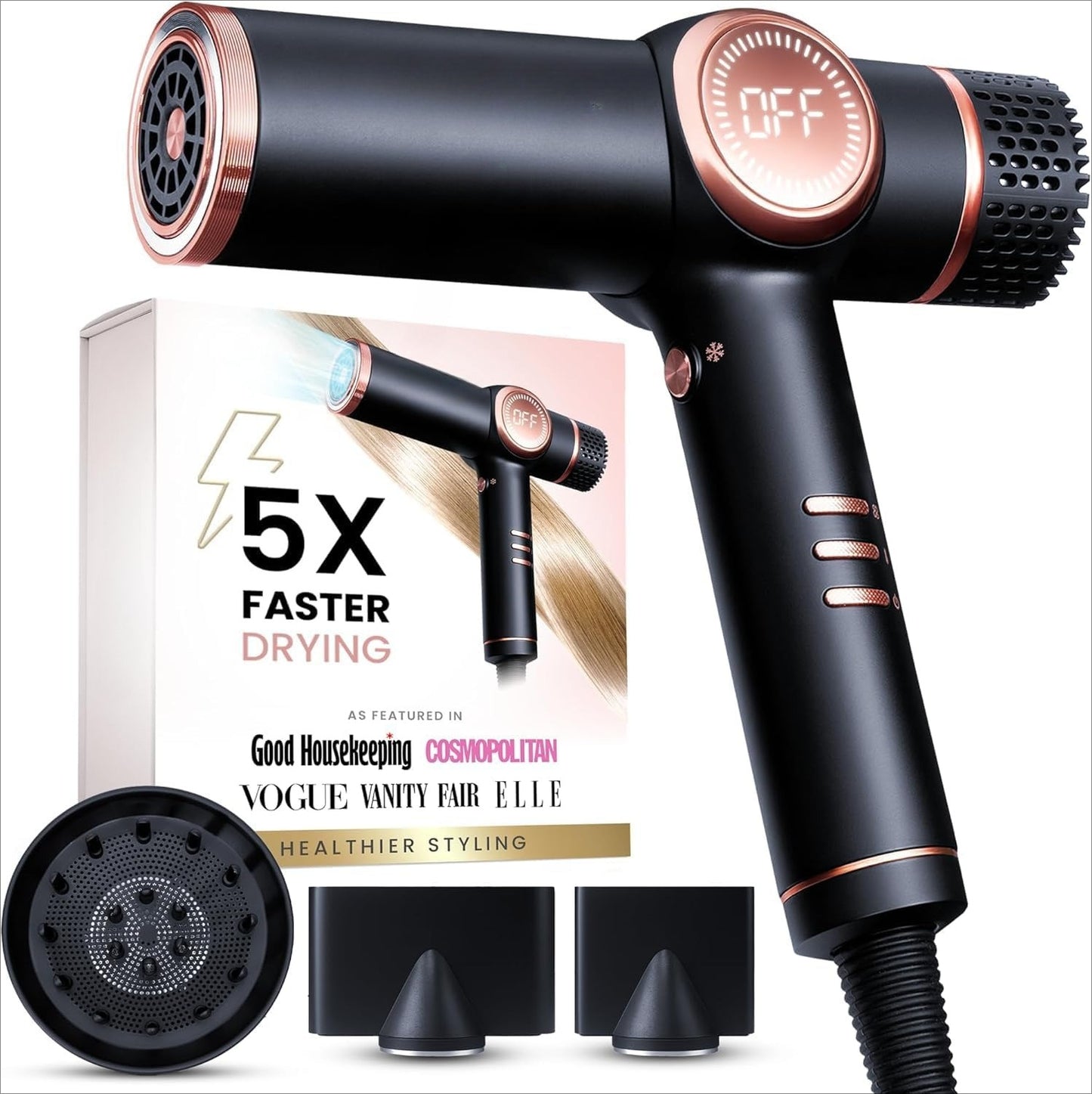 ELLA BELLA® Professional Ionic Hair Dryer with Diffuser • Negative Ion Blow Dryer • Suitable All Hair Types • Intelligent Heat Control & Rapid Drying Speeds • Lightweight Design • Low Noise Technology