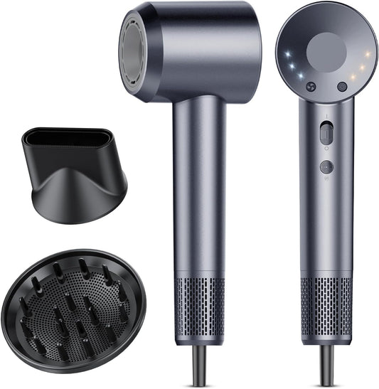 aowoka Hair Dryer, 160000 RPM Professional High Speed Ionic Blow Dryer 500 Million Negative Ions & Heat-Control & Low Noise Hairdryer for Faster Drying, No Heat Damage, Travel with Diffuser（Grey）