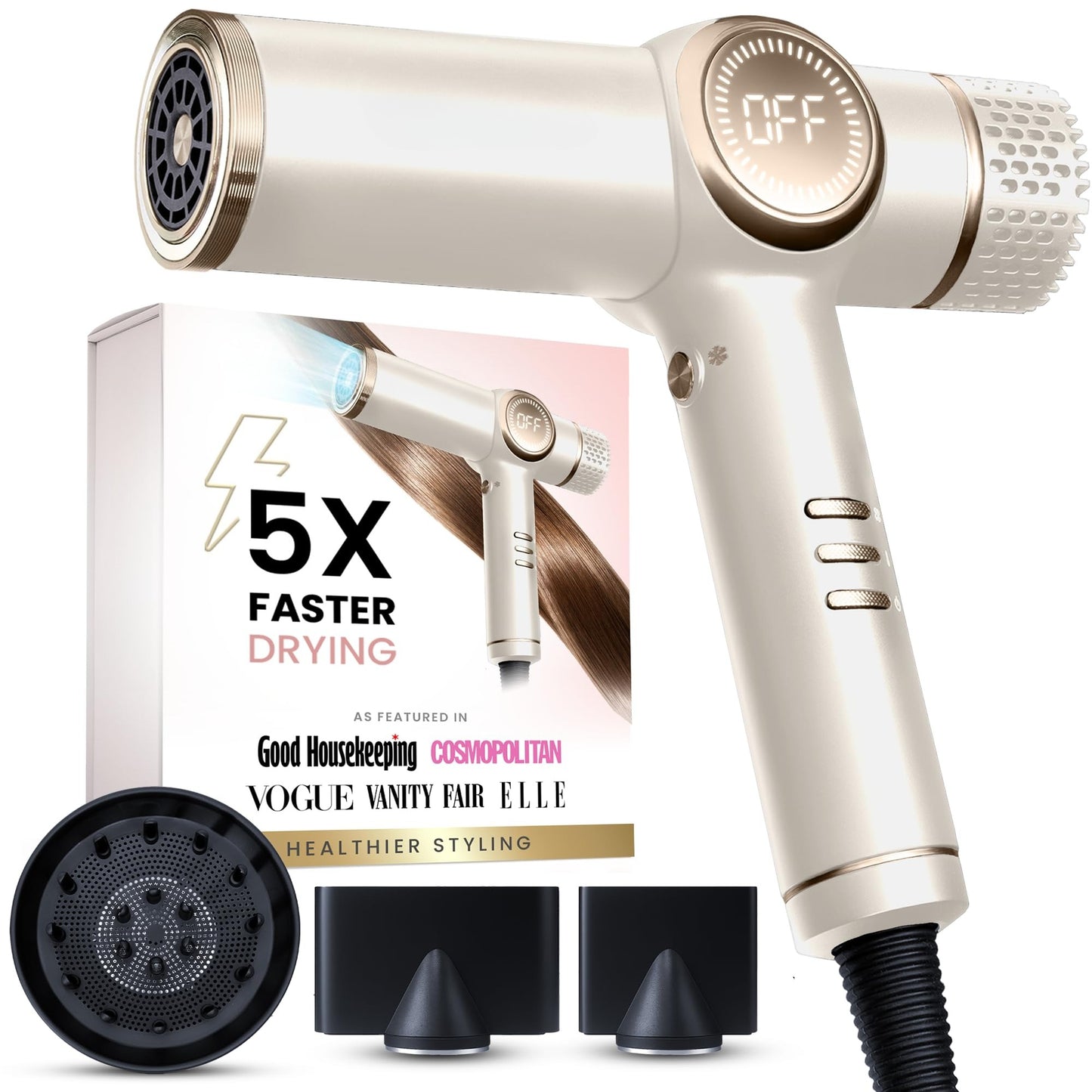 ELLA BELLA® Professional Ionic Hair Dryer with Diffuser • Negative Ion Blow Dryer • Suitable All Hair Types • Intelligent Heat Control & Rapid Drying Speeds • Lightweight Design • Low Noise Technology