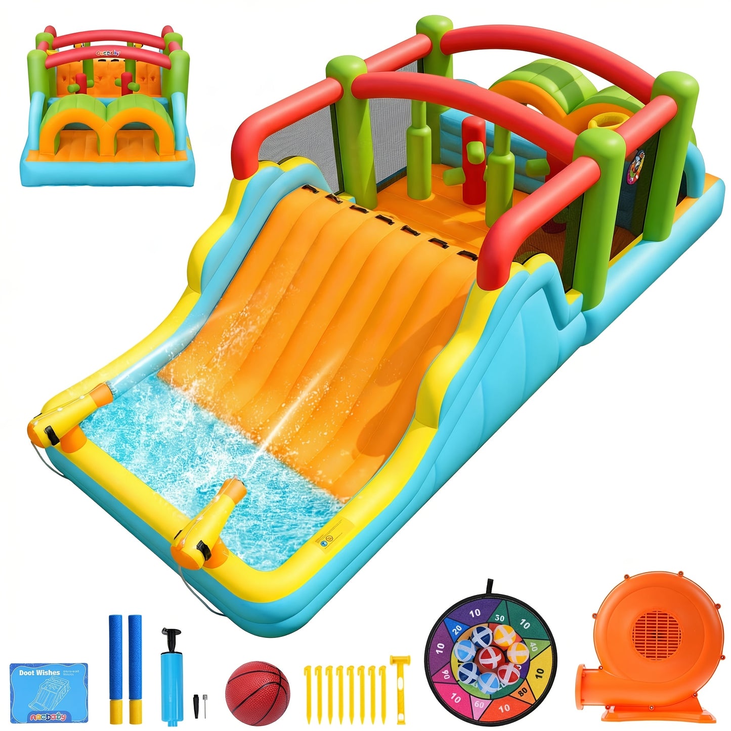 Inflatable Castle Pool, Themed Water Park, Bouncing Area, Large Pool, Long Slide, Plus Deep Pool with Climbing Wall & Water Cannons, Ideal for Summer Fun In Your Backyard