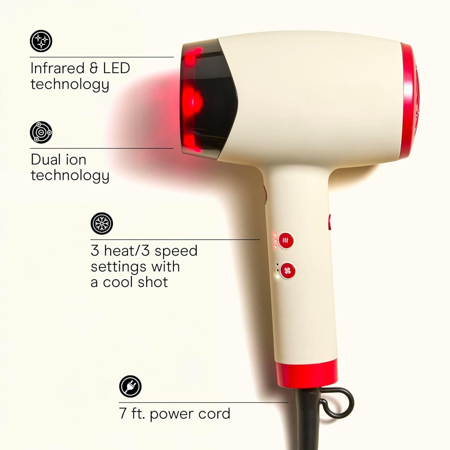 Infiniti PRO CONAIR LED Infrared Hair Dryer with Dual Ion Ceramic Technology, Anti-Frizz Ionic Blow Dryer, 3 Heat 3 Speed Settings, Professional Diffuser, White